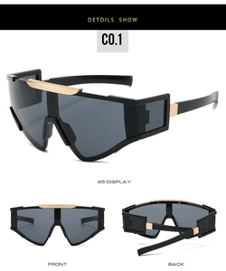 Detailed multi-angle views of futuristic sports sunglasses with gold metallic accents