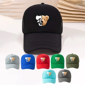 Trucker Hat Cotton Mesh Breathable Baseball Cap Half Teddy Bear Skull Print Streetwear Adjustable Snapback
