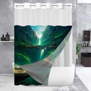 Detail of waterproof waffle shower curtain with scenic canyon and waterfall print