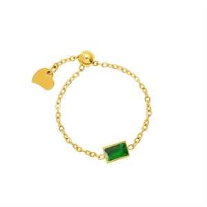 Adjustable gold chain ring with emerald cut green zircon and heart pendant