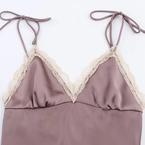 Dusty rose satin camisole dress with delicate lace trim and adjustable tie shoulders