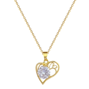 Luxurious gold plated stainless steel heart necklace with sparkling white zircon stone