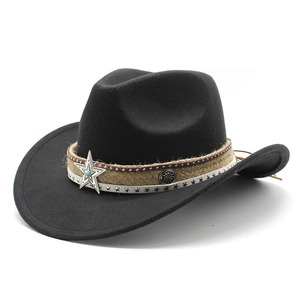 Classic black wool felt cowboy hat featuring vintage silver star buckle and turquoise accent