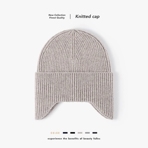 Women Men Winter Wool Knit Beanie Earflap Hat Thick Warm Skull Cap Outdoor Soft Ribbed Rib-Knit Ear Protection Cap