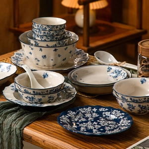 Ceramic Tableware Blue Floral Pattern Porcelain Dinnerware Bowls Plates Spoons Microwave Safe Vintage Rural Style