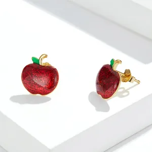 S925 sterling silver Christmas red apple stud earrings with shiny glitter and golden stem