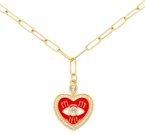 Goldkette mit rotem Emaille Herzanhänger und Zirkonia besetztem bösem Blick Detail