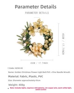 Detail of 45cm gold Christmas wreath with PVC pine needles, ornaments, and warm LED lights