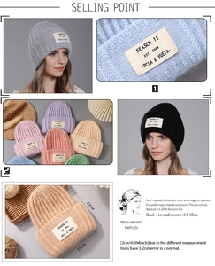 Detailed view of raccoon fur knit beanies showing size 21x23cm and multiple color options