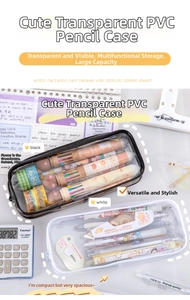 Detailed view of clear PVC pencil case with large capacity showing various stationery items
