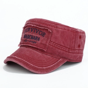 Vintage washed burgundy flat top army cap with survivor embroidery for men and women