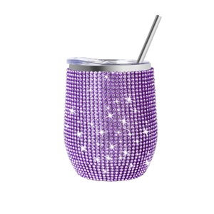 Glittering purple rhinestone 12oz stainless steel wine tumbler with lid and straw