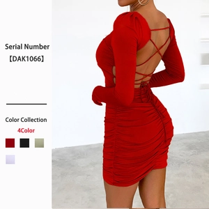 Robe Mini Moulante Sexy À Manches Longues Col Carré Dos Nu Froncée Avec Lacets Croisés Clubwear Femme