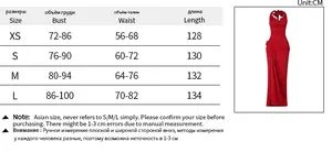 Detailed size guide table for women's halter slit backless dress showing XS to L measurements