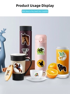 Waterproof horse stickers showing decorative usage on various colorful cups and tumblers