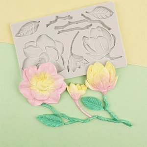 Camellia Magnolia Flower Leaf Relief Silicone Mold For Fondant Chocolate Resin Clay Cake Decoration Border DIY Craft