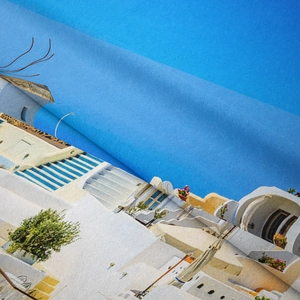 Close-up of soft Santorini tapestry fabric showing digital print and fine texture