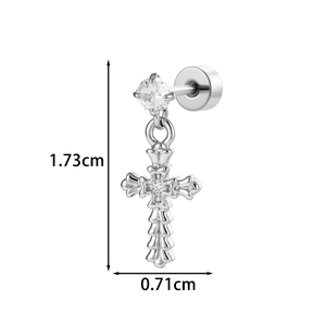 Silver cross cartilage stud earring with cubic zirconia stones, length 1.73cm and width 0.71cm