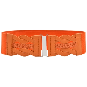 Elastic waist belt in bright orange with decorative woven texture and silver buckle