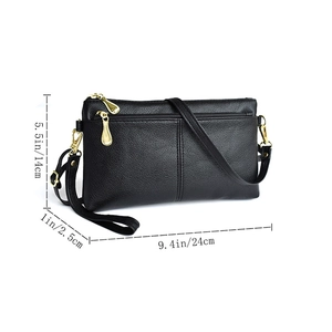 Detailed dimensions of black pebbled leather crossbody bag with gold metal zipper