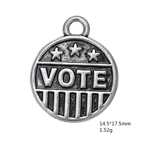 Detail of antique silver Vote pendant with stars, showing 14.5x17.5mm size specs