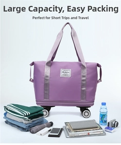Detailed interior storage capacity of a purple travel bag with 360-degree wheels