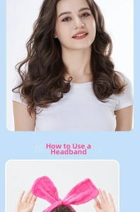 Pink plush rabbit ear headband detail showing soft material and usage instructions