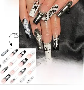 Detail of French style long square nails with black flame and star patterns #JP3339