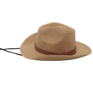 Detailed view of raffia straw sun hat with leather band and adjustable wind rope