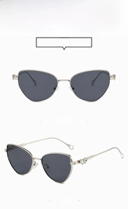 Cat eye metal sunglasses with grey lenses shown in front and 45-degree side views