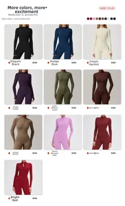 Detailed grid view showcasing ten vibrant color options for long sleeve yoga bodysuits