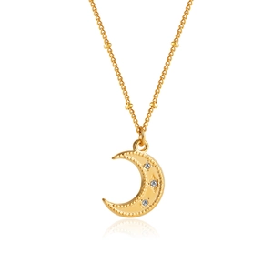 Collier minimaliste en or 18K avec pendentif lune, zircons et chaîne à perles