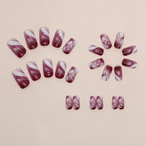 Square wine red faux nails with shattered crackle effect and white geometric lines