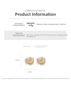 Detail view of pearl fur earrings with size 2.5cm and material specs on white background
