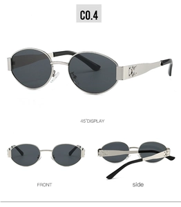 Detailed views showing silver oval sunglasses with unique hollow geometric temple design