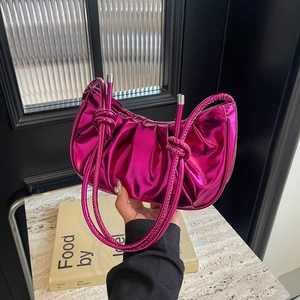 Ruched Crossbody Bag Metallic PU Leather Pleated Underarm Bag Glossy Cloud Fashionable For Women