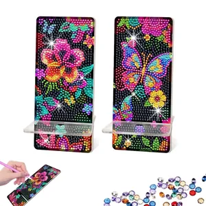 DIY βάσεις τηλεφώνου diamond painting με τροπικά λουλούδια και μπλε πεταλούδες
