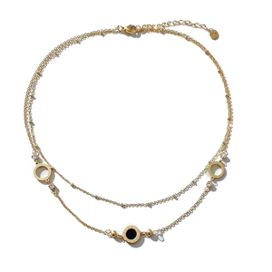 Double-layered gold stainless steel necklace with Roman numeral black enamel pendant