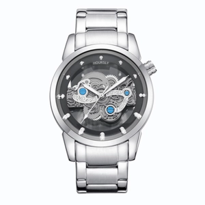 Montre mécanique squelette pour homme avec bracelet en acier et cadran à engrenages creux