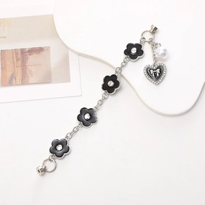 Silver metal double chain bear bracelet with black flowers and heart pendant jewelry