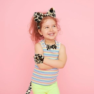 Kids leopard cosplay set with plush ears headband, bow tie, gloves and tail on pink