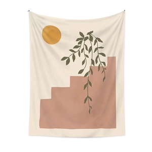 Détail de tapisserie bohème avec soleil, escaliers géométriques et motifs de plantes