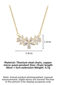 Macro view showing 2.8cm zircon flower pendant dimensions and titanium steel chain