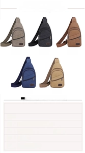 Canvas chest bag size chart showing 17x30x6cm dimensions and five color options