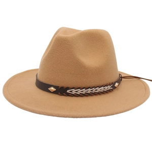 Detail of wool fedora hat featuring woven leather band and gold diamond rivets