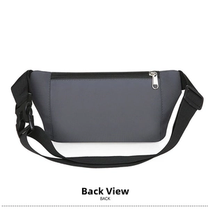 Back view of waterproof gray waist bag showing secret zipper pocket and buckle
