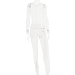 Detailed view of white lace long sleeve jumpsuit with waist tie on a mannequin