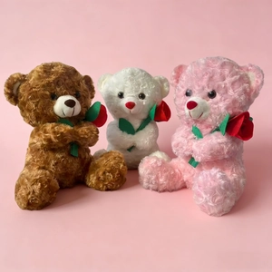 Ours En Peluche Rose Velours Tenant Une Fleur Animal En Peluche Doux Cadeau Anniversaire Saint Valentin