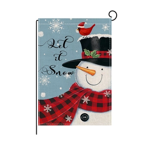Double-sided Snowman Garden Flag with Let it Snow text and red bird on blue background