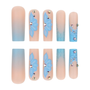 Faux ongles dégradés bleu et rose avec pétales 3D, paillettes et strass élégants